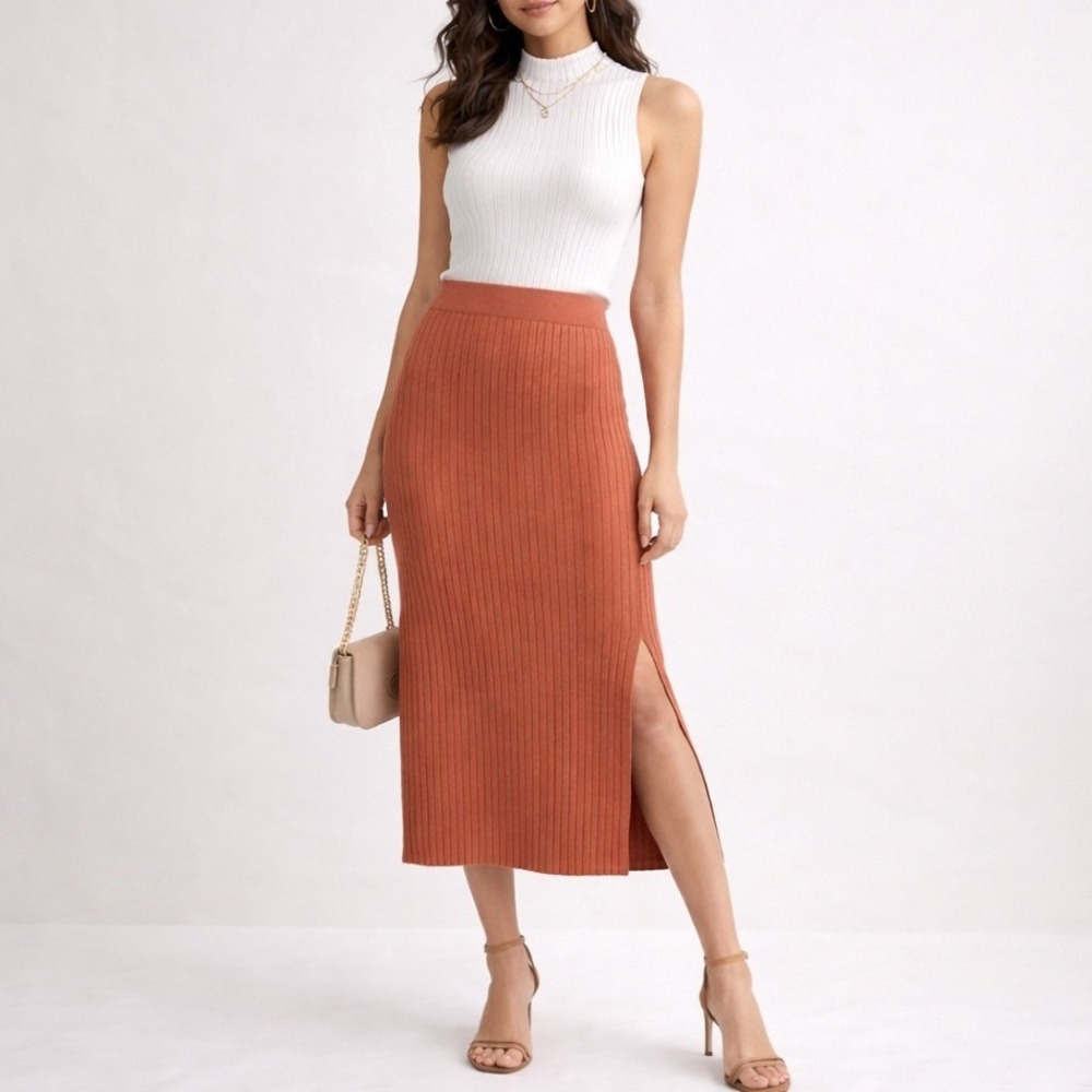 Love Tree Ribbed Knit Midi Skirt Small Terracotta High Waist Bodycon Side Slit